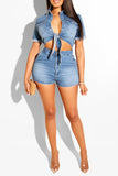 namcoverse Blue Lapel Urban Knotted Denim Shorts Suit