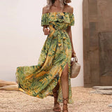 Namcoverse Trendy Holiday Ruffle Print Slant Neck Vintage Loose Off Shoulder Lace Up Boho Maxi Dress