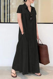 Namcoverse Summer Casual Fashion Ladies Cotton Linen Solid Color Lapel Pocket Simple Shirt Maxi Dress