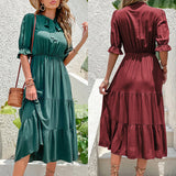 Namcoverse Fashion Crew Neck Casual Solid Pleated Elastic A-Line Maxi Dress