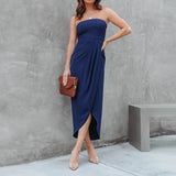 Namcoverse New Elegant Wrap Hip Neck Sexy Slit Color Solid Color Midi Dresses