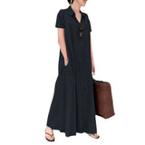 Namcoverse Summer Casual Fashion Ladies Cotton Linen Solid Color Lapel Pocket Simple Shirt Maxi Dress