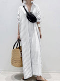 Namcoverse Summer Fashion Lapel Temperament Striped Loose Cotton Linen Cardigan Shirt Maxi Dress