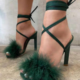 namcoverse Feather Decor Solid Color Party Strappy Sandals