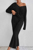 namcoverse V Neck Ribbed Long Sleeve Two-Piece Set