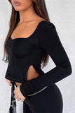 namcoverse Square Neck Slit Long Sleeve Tops