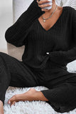 namcoverse V Neck Ribbed Long Sleeve Two-Piece Set