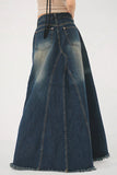 namcoverse Wash Distressed High-Rise Raw Hem Fishtail Denim Maxi Skirt