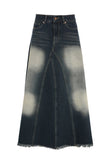 namcoverse Wash Distressed High-Rise Raw Hem Fishtail Denim Maxi Skirt