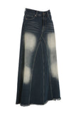 namcoverse Wash Distressed High-Rise Raw Hem Fishtail Denim Maxi Skirt