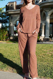 namcoverse V Neck Ribbed Long Sleeve Two-Piece Set