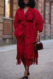 namcoverse Solid Color Pleated Chic Belted Tassel Dress Suit