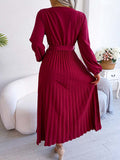 Namcoverse Elegant Spring Pleated Long Sleeve V Neck Maxi Dress