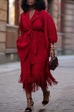 namcoverse Solid Color Pleated Chic Belted Tassel Dress Suit