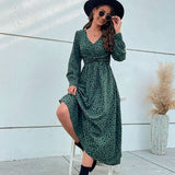 Namcoverse Elegant V-neck Long Sleeve Leopard Print Maxi Dress