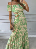 Namcoverse Elegant Sexy Off-Line Neck Backless Hollow Fashion Print Lace Maxi Dress