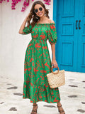 Namcoverse Summer Fashion Print Off Shoulder A-Line Holiday Beach Party Maxi Dress