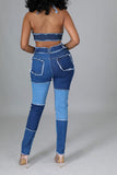 namcoverse Color Block Burrs Patchwork Unique Cutout Denim Pant Suit