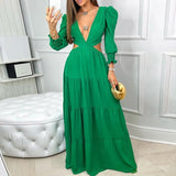 Namcoverse Summer Pure Color Temperament Elegant Sexy V Neck Hollow Maxi Dress