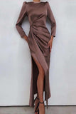 Namcoverse Long Sleeve Slit Hem Skinny O Neck Solid Color Party Maxi Dress