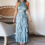 Namcoverse Sexy High Waist Sleeveless Bohemian Hollow Ruffle Cake Halter Neck Maxi Dress