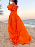 Namcoverse Fashion Puff Sleeve Pleated Solid Color Elegant Off Shoulder Beach Party Maxi Dress