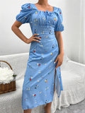 Namcoverse Holiday Summer Printed A-Line Design Square Neck Puff Sleeve High Waist Fashion Maxi Dress