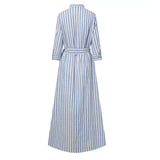 Namcoverse Summer Fashion Bohemian Stripe Lapel Button Tie Loose Casual Maxi Dress