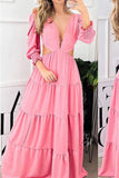 Namcoverse Summer Pure Color Temperament Elegant Sexy V Neck Hollow Maxi Dress