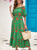 Namcoverse Summer Fashion Print Off Shoulder A-Line Holiday Beach Party Maxi Dress