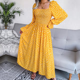 Namcoverse Elegant Square Neck Full Sleeve Pleated Printed Maxi Dress