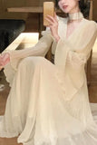 Namcoverse Fashion Elegant V Neck Office Long Sleeves Casual Retro Party Solid Color Maxi Dress