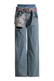 namcoverse Patchwork High Waist Hippy Ripped Belted Jeans