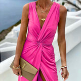 Namcoverse Summer Fashion Solid Color V Neck Slit Sleeveless Casual Maxi Dress