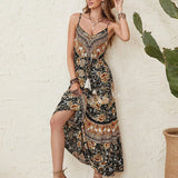 Namcoverse Sexy Vintage Print Elegant V Neck High Waist Party Maxi Dress