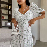 Namcoverse Vintage Sexy Print Puff Sleeve Pleated Fashion A-Line Print Maxi Dress