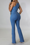 namcoverse Solid Color Cutout Feminine Denim Jumpsuit