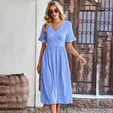 Namcoverse Summer Slim Sexy Party Elegant V Neck Solid Color Beach Midi Dress