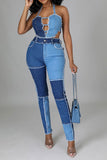 namcoverse Color Block Burrs Patchwork Unique Cutout Denim Pant Suit