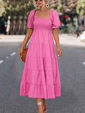 Namcoverse Elegant Fashion Square Neck Short Puff Sleeve Casual Maxi Dress