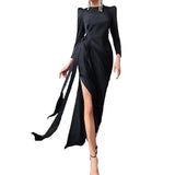 Namcoverse Long Sleeve Slit Hem Skinny O Neck Solid Color Party Maxi Dress