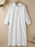 Namcoverse Summer Fashion Lapel Temperament Striped Loose Cotton Linen Cardigan Shirt Maxi Dress