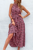 Namcoverse Elegant Floral Print Slim O Neck Sleeveless Halter Dress