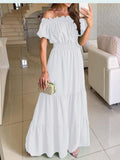 Namcoverse Women's Slant Collar Solid Color Casual Loose Ruffle Beach Party Elegant Maxi Dress