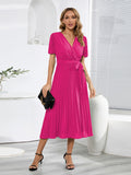 Namcoverse Summer V-neck Puff Sleeve Pleated Pure Color Slim Midi Dress