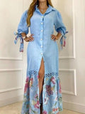 Namcoverse Elegant Balloon Sleeve Fashion Lapel Bohemian Print Shirt Maxi Dress