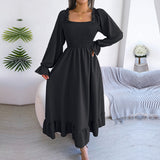 Namcoverse Fashion Casual Solid Color Square Neck Ruffles Long Dress