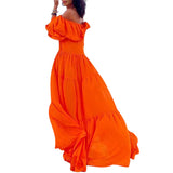 Namcoverse Fashion Puff Sleeve Pleated Solid Color Elegant Off Shoulder Beach Party Maxi Dress