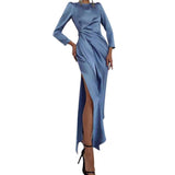 Namcoverse Long Sleeve Slit Hem Skinny O Neck Solid Color Party Maxi Dress