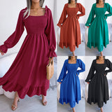 Namcoverse Fashion Casual Solid Color Square Neck Ruffles Long Dress